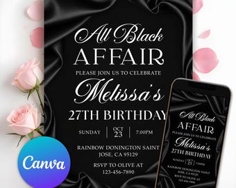 Inbjudan till All Black Affair-fest, lyxig företagsgalamiddagsinbjudan, inbjudan till gamla pengar, liten klänning i svart slips, redigerbar canvas