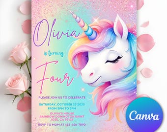 Unicorn Birthday Invitation, Pastel Rainbow Party Invite, Sparkle Invitation, Magical Party Invite, Four Ever Magical Invite, Editable Canva