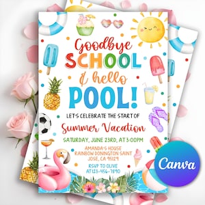 Ende der Schulparty-Einladung, Schule Party Einladung, Sommer-Lache-Party, Pool-Party einladen, Hallo Sommer, bearbeitbare Canva-Vorlage