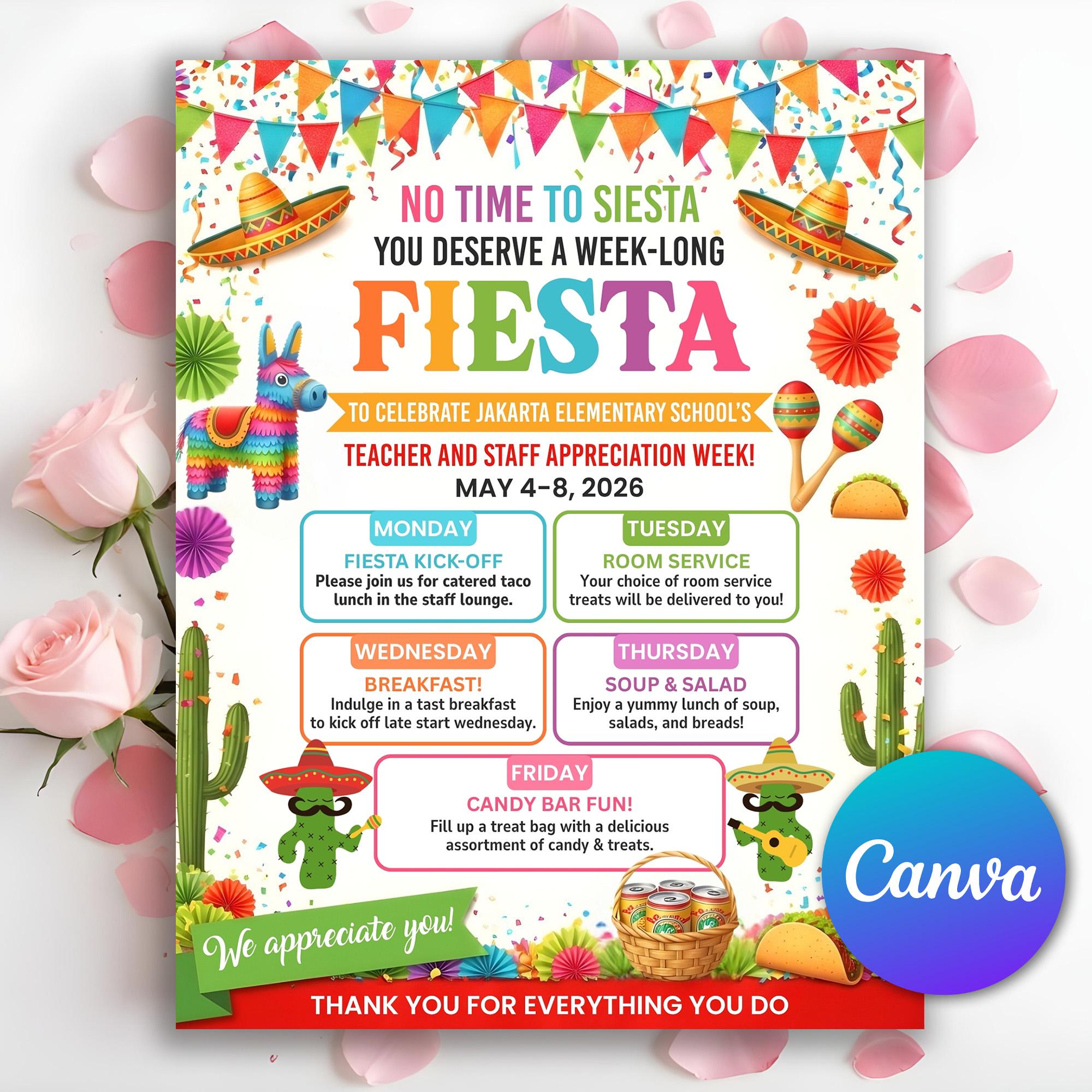 Fiesta Teacher Appreciation Week Flyer, Itinerary Poster, Nacho Taco ...