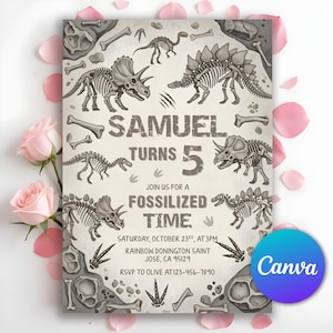 May include: A gray and white dinosaur-themed birthday invitation. The invitation features dinosaur skeletons, the text "SAMUEL TURNS 5," and event details. The design includes fossil and bone illustrations.