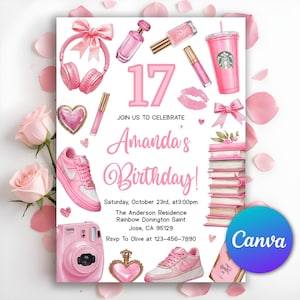 Rosa Ästhetische Geburtstagseinladung, rosa Mädchen, zweistellig, 10, Mädchen-Party einladen, Teen-Mädchen-Geburtstag, Teen-Party, jedes Alter, bearbeitbare Canva