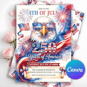 Puede incluir: Una invitación patriótica para el 4 de julio, con una ilustración en acuarela de un águila calva americana con gafas de sol con un reflejo del horizonte de la ciudad. El diseño incluye fuegos artificiales, banderas americanas y el texto "250 Years of America."