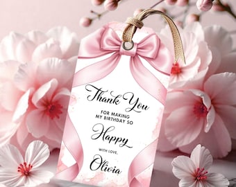 Pink Bow 1st Birthday Thank You Gift Tag, Pink Coquette Bow Favor Tags, 1st Birthday Girl, Coquette Bow Gift Tag, Editable Canva Template