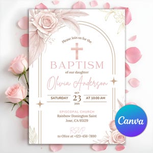 Faire-part de baptême rose, herbe de la pampa, faire-part de baptême rose rose, faire-part de baptême moderne, invitation de baptême, modèle de toile modifiable