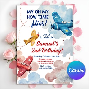 Airplane Birthday Invitation, Airplane Invitation, Time Flies 1st Birthday Invitation, Boy Airplane Party Invite, Time Flies, Editable Canva