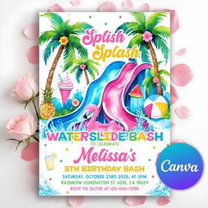 Waterslide Birthday Invitation, Summer Pool Party, Splash Birthday Evite, Water Slide Bash, Boy or Girl Splash Party Invite, Editable Canva