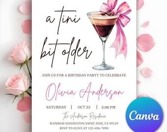A Tini Bit Older Birthday Party Invitation, Bow Invite, Espresso Martini Themed Birthday Invite, Coquette Dirty Thirty Invite,Canva Template