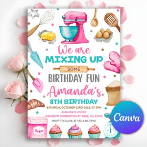 Baking Birthday Party Invitation, Baking Party Invite, Cooking Birthday Invite Cupcake Baking Party, Baking Thank You tag, Editable Canva