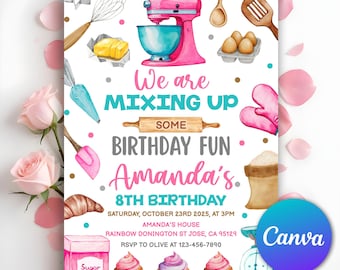 Baking Birthday Party Invitation, Baking Party Invite, Cooking Birthday Invite Cupcake Baking Party, Baking Thank You tag, Editable Canva