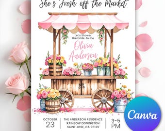 Invitación para despedida de soltera recién salida del mercado, invitación para despedida de soltera en el mercado de agricultores, invitación para despedida de soltera &quot;She&#39;s Off Market&quot;, plantilla editable de Canva