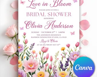 Invitación "Amor en Flor", Invitación para Despedida de Soltera con Flores Silvestres, Invitación Floral para Despedida de Soltera, Invitación para Despedida de Soltera, Canva Editable