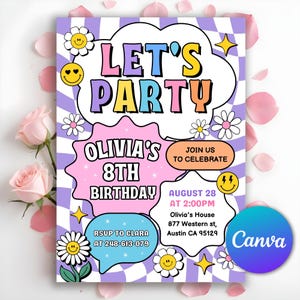 Invitación con parche preppy, invitación de cumpleaños para niña, invitación de cumpleaños con parche universitario retro, carita feliz de fiesta, Canva editable