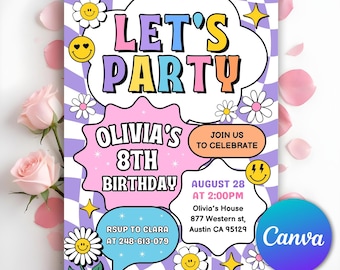 Lettre d'invitation écusson preppy, faire-part d'anniversaire fille, faire-part d'anniversaire écusson universitaire rétro, smiley festif, toile modifiable