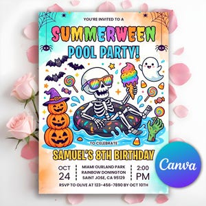 May include: A Summerween pool party invitation for Samuel's 8th birthday on 24 Oct at 2:00 PM in Miami Ourland Park, Saint Jose, CA 95129. The design features a skeleton in rainbow sunglasses on a pool float, pumpkins, bats, a ghost, and colourful sweets.