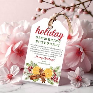 Puede incluir: Una etiqueta blanca con las palabras "holiday simmering potpourri" en escritura roja. La etiqueta incluye instrucciones y una imagen decorativa de rodajas de naranja, palitos de canela y anís estrellado. La etiqueta está atada con hilo natural y cinta.