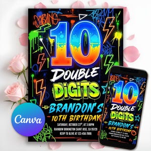 Könnte beinhalten: Eine schwarze Geburtstagseinladung mit Text und Grafiken im Graffiti-Stil. Das Design zeigt eine große, farbenfrohe "10" und die Worte "Double Digits" und "Brandons 10. Geburtstag". Ein Smartphone zeigt das gleiche Design.
