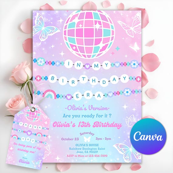 In My Birthday Era Invitation, Friendship Bracelet Invitation, Teen Birthday Girl Music Party Invite, Purple Blue Eras Party, Editable Canva
