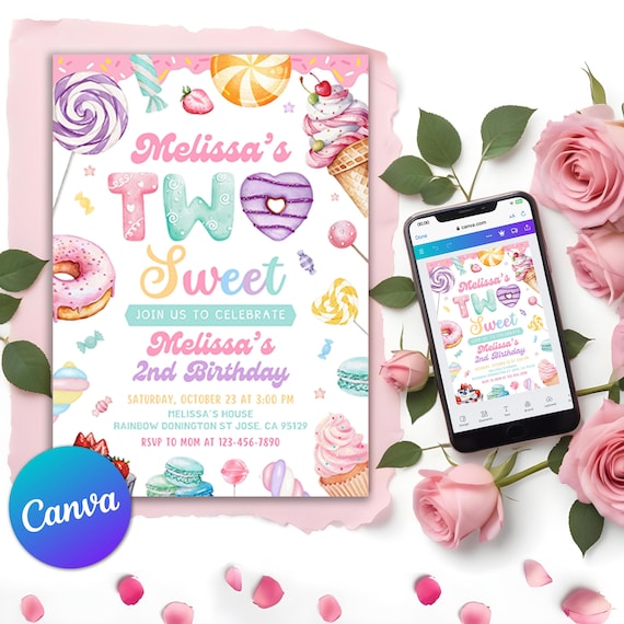 Two Sweet Birthday Invitation, 2nd Birthday Girl Donut Invitation Blush Pink Two Year Dessert Invite, Candy Sweets Donut, Editable Canva