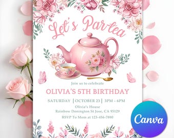 Puede incluir: Invitación a una fiesta de té con flores rosas y blancas. El texto dice "Let's Partea" y "Olivia's 5th Birthday".