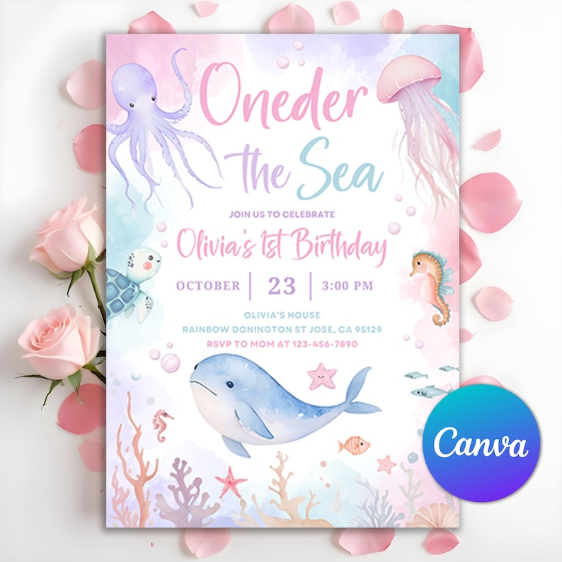 oneder the sea,under the sea pink,whale invitation,1st birthday girl,Under the sea party,Sea invitation,Under the sea invite,Sea creatures,ocean theme,Under the sea,Ocean animals,Sea animals,Sea birthday