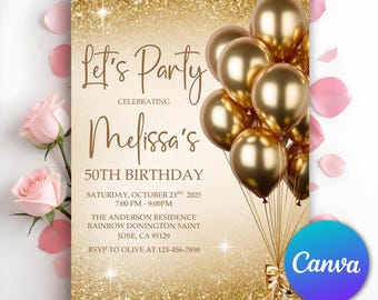 Cyfrowe zaproszenie na urodziny Let’s Party Gold, szablon zaproszenia na urodziny Gold, cyfrowe zaproszenie na kolację urodzinową, edytowalny szablon Canva