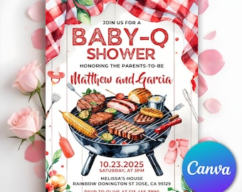 Baby-Q Baby Shower Invitation, Unisex Backyard Couples Baby Sprinkle, BBQ Party Template Pack, Backyard Baby Shower, Editable Canva Template