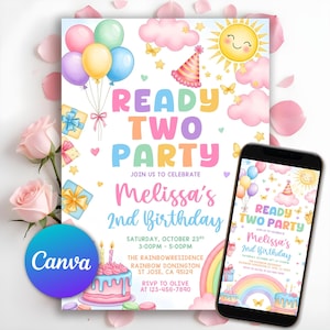 Puede incluir: Una colorida invitación de cumpleaños con el texto "READY TWO PARTY" y "Melissa's 2nd Birthday". El diseño incluye globos, una tarta, un arcoíris y un sol sonriente. Un smartphone muestra la invitación.