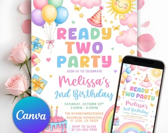 Ready Two Party Invitation, Pastel Balloon 2nd Birthday Invitation, Girl Colorful Confetti Party, Spring Party Invitation, Editable Canva
