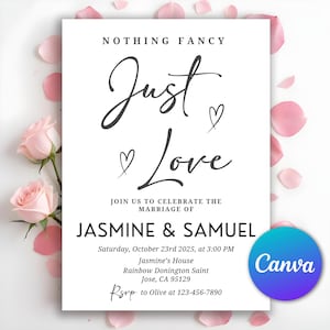Nada extravagante, apenas convite de amor, convite de recepção moderno, anúncio de fuga minimalista, recepção de fuga, modelo editável do Canva