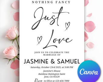 Invitación Nothing Fancy Just Love, invitación de recepción moderna, anuncio de boda íntima minimalista, recepción de boda íntima, plantilla editable de Canva