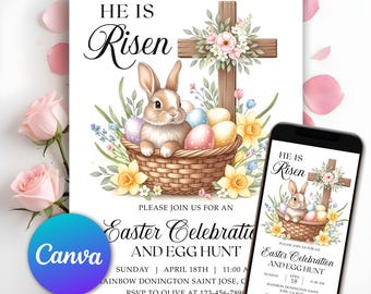 May include: Easter invitation with a watercolor illustration of a bunny in a basket with Easter eggs, a wooden cross, and flowers. The text reads "He is Risen" and "Easter Celebration and Egg Hunt". A smartphone displays the same design.