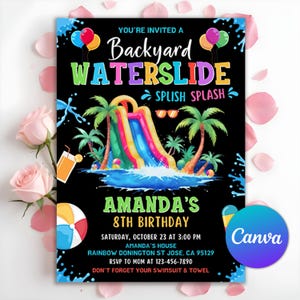 Waterslide Birthday Invitation, Boy or Girl Splash Party Invite, Summer Pool Party, Splash Birthday Evite, Water Slide Bash, Editable Canva