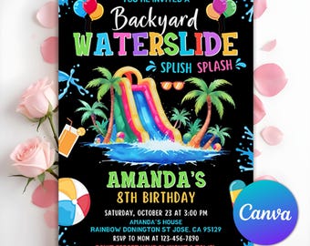 May include: A black and blue birthday party invitation with a colorful waterslide, palm trees, and the text "You're invited to a Backyard Waterslide Splish Splash Amanda's 8th Birthday Saturday, October 23 at 3:00 PM Amanda's House Rainbow Donington St Jose, CA 95129 RSVP to Mom at 123-456-7890 Don't forget your swimsuit & towel".