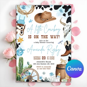 Invito per baby shower da cowboy, invito per baby shower da piccolo cowboy, festa nel selvaggio West, Boy Blue Outdoors Rodeo Country, modificabile su Canva
