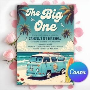 The Big One Surfing 1st Birthday Invitation, Wave Surfer Boho Invitation, Retro Boy Surf Van Surfboard Beach Party Invite, Editable Canva