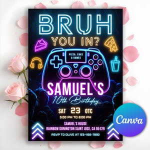 Convite de aniversário do irmão, você está dentro?, convite de aniversário, convite para festa de aniversário adolescente, convite de aniversário de jogador neon, Canva editável