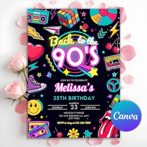 90s Birthday Party Invitation, Back to the 90s, Throwback Party, House Party, 90s Theme Party, Neon Party Glow Dance Disco, Editable Canva