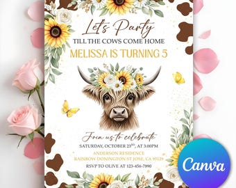 Sunflower Holy Cow Birthday Invitation, Sunflower Highland Cow Birthday Invite, Let's Party Till the Cows Come Home Invite, Editable Canva
