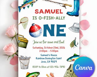 Invitación de primer cumpleaños de pesca, invitación de pesca, invitación de O Fishally One, tema "Reel in the Fun Fish", invitación de cumpleaños de niño, Canva editable