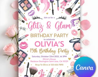 Glitz and Glam Birthday Party Invitation, Spa Party Makeup Invitation, Makeup Invitation, Tween Girl Birthday, Pink and Gold, Editable Canva