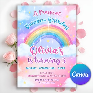 May include: A pink and blue birthday invitation with a rainbow, clouds, and stars. The text reads "A Magical Rainbow Birthday Olivia's is turning 3" with the date and time of the party. The invitation also includes the address and RSVP information.