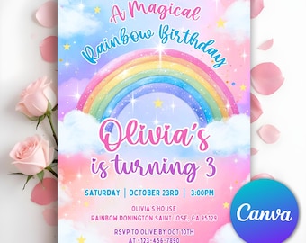 Rainbow Birthday Invitation, Colorful Party Invite, Girls Party Invites, Pink Gold Rainbow Clouds Hearts, Rainbow of fun, Editable Canva