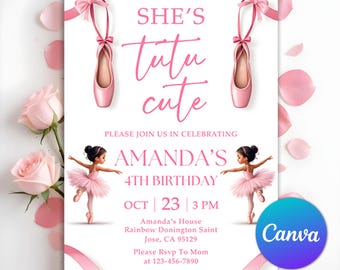 Tutu Cute Birthday Invitation, Second Birthday Invitation, Tutu Cute Invite, 2nd Birthday Invite, Girl Ballerina, Editable Canva Template