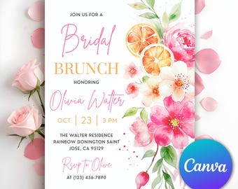 Citrus Bridal Brunch Invitation, Floral Citrus Bridal Shower Invitation, Orange Bridal Shower, Mediterranean Orange, Editable Canva Template