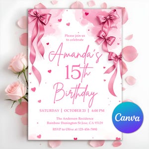 Pink Bow Coquette Invitation, Pink Bow Birthday Invitation, Bow Invite, Birthday Girl Soft Pastel Watercolor Ribbon, Editable Canva Template