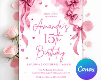 Pink Bow Coquette Invitation, Pink Bow Birthday Invitation, Bow Invite, Birthday Girl Soft Pastel Watercolor Ribbon, Editable Canva Template