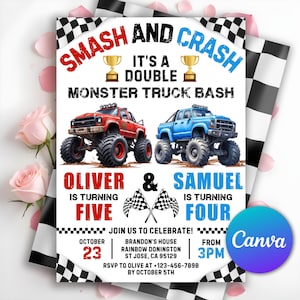 May include: A birthday party invitation with the text "SMASH AND CRASH" and "MONSTER TRUCK BASH". It features a red and a blue monster truck, trophies, and checkered flags. The invitation is for Oliver and Samuel's birthday party.