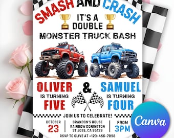 Monster Truck Doppel-Geburtstagseinladung, Boom-Crash Es ist ein Monster-Truck-Bash, Geschwisterparty, gemeinsame Einladung, bearbeitbare Canva-Vorlage