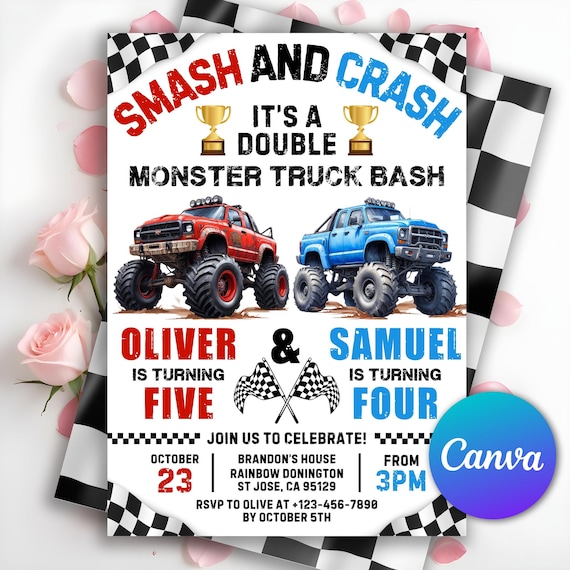 Monster Truck Double Birthday Invitation, Boom Crash It's A Monster Truck Bash, Sibling Party, Joint Invitation, Editable Canva Template